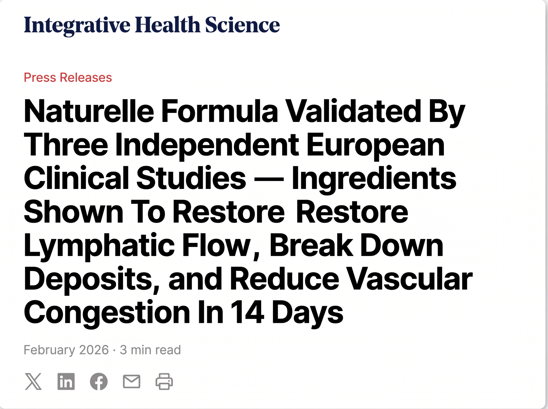 Press release headline about Naturelle being validated by three independent European clinical studies