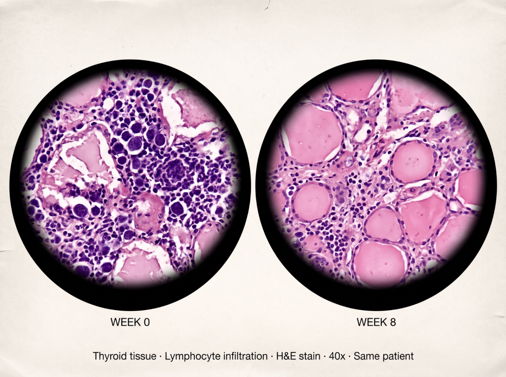 Thyroid tissue showing lymphocyte infiltration at week 0 versus week 8 in the same patient