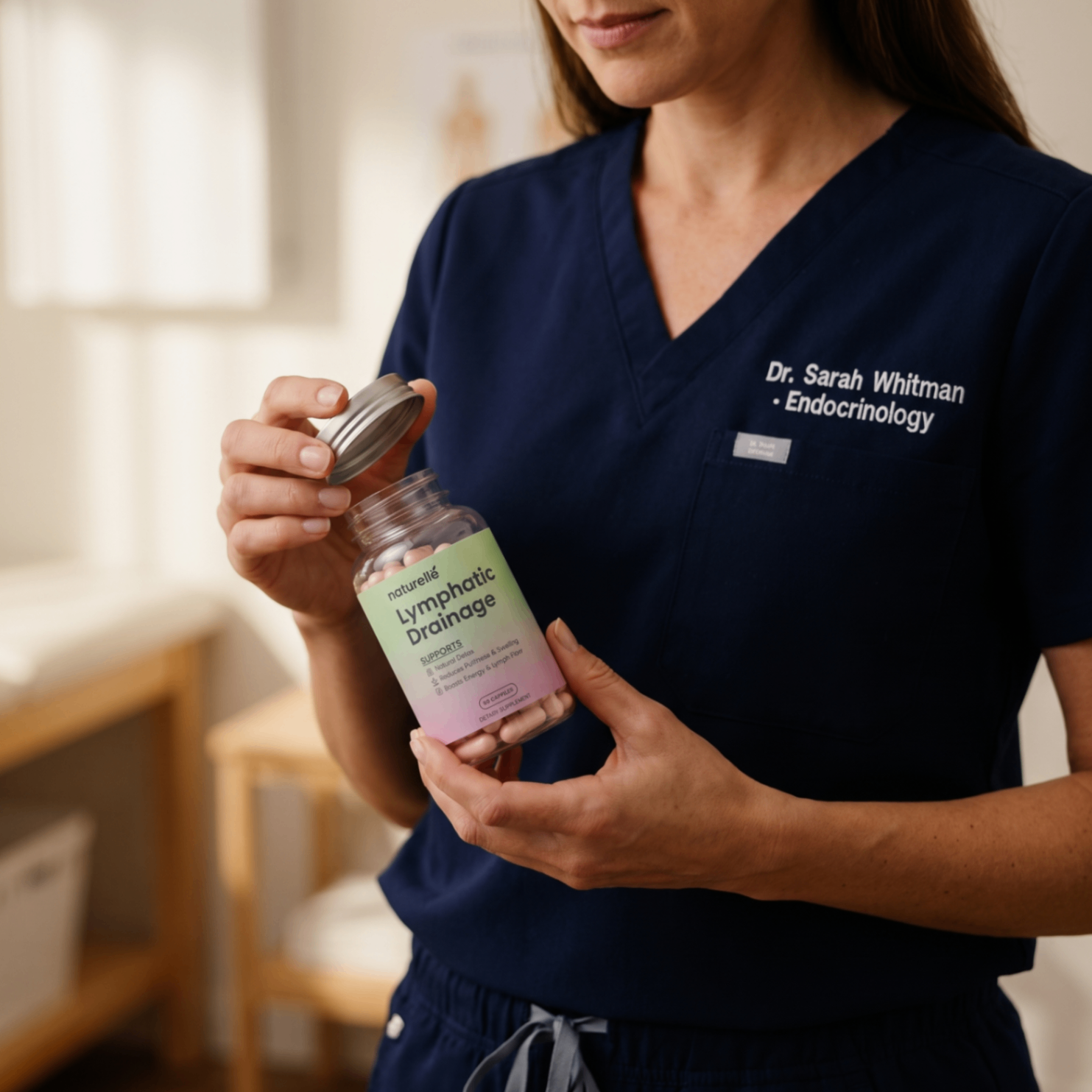 Dr. Sarah Whitman holding a bottle of Naturelle Lymphatic Drainage capsules
