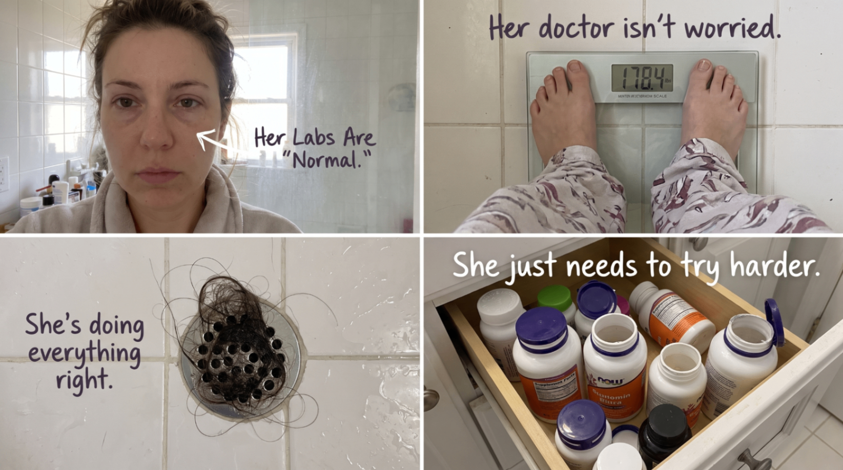 Collage showing facial puffiness, weight gain, hair loss, and a drawer of supplements during thyroid struggles