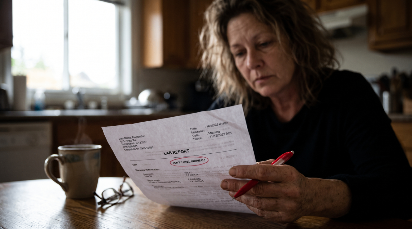 Woman reviewing a thyroid lab report at her kitchen table