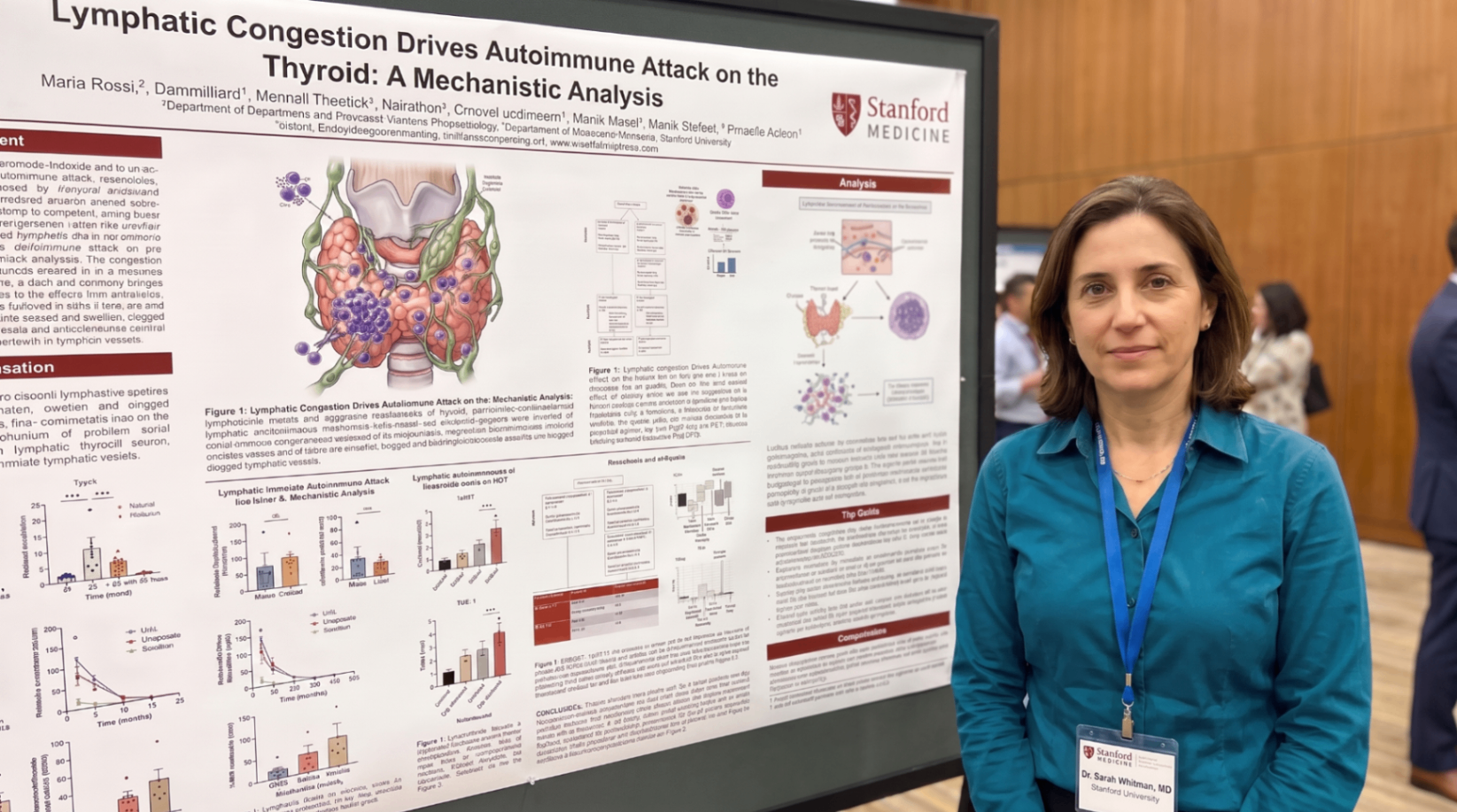 Dr. Sarah Whitman standing beside a research poster about lymphatic congestion and thyroid autoimmunity